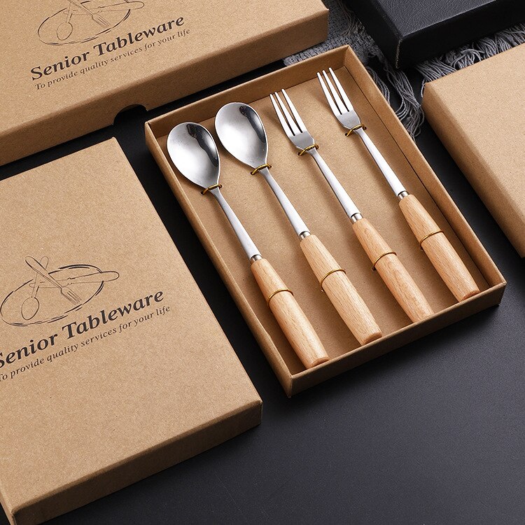 Tableware Stainless Steel Fork Spoon Chopsticks Cutlery Wood Handle Flatware Kitchen Utensils Dinnerware Set 2/3/4Pcs/set: Style D