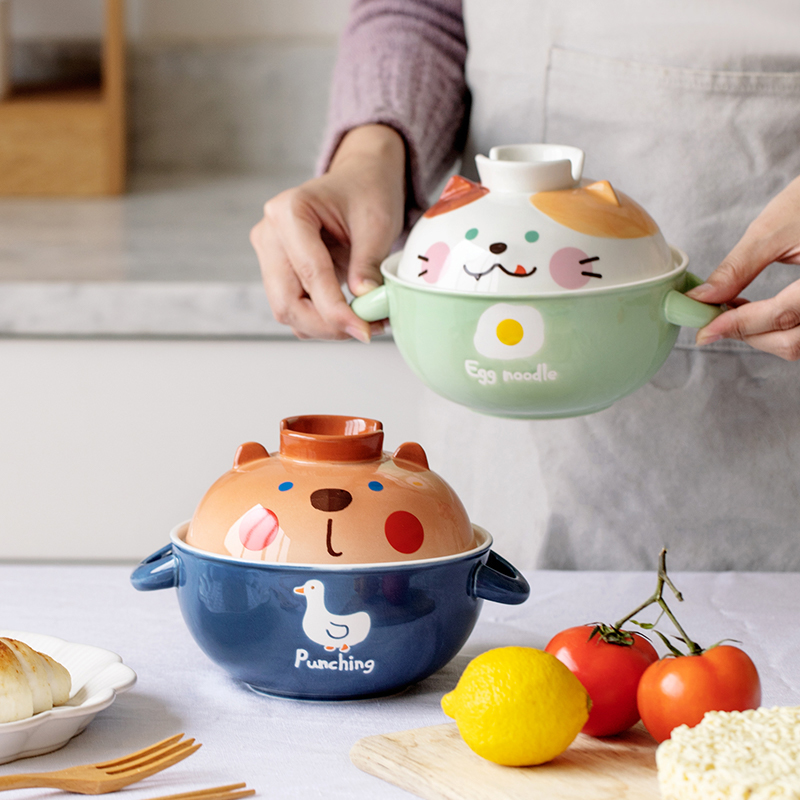 Bol à nouilles instantanées en céramique avec couvercle, cochon mignon Panda Ramen chat Kawaii grand bol à salade soupe aux fruits bol de cuisine, vaisselle