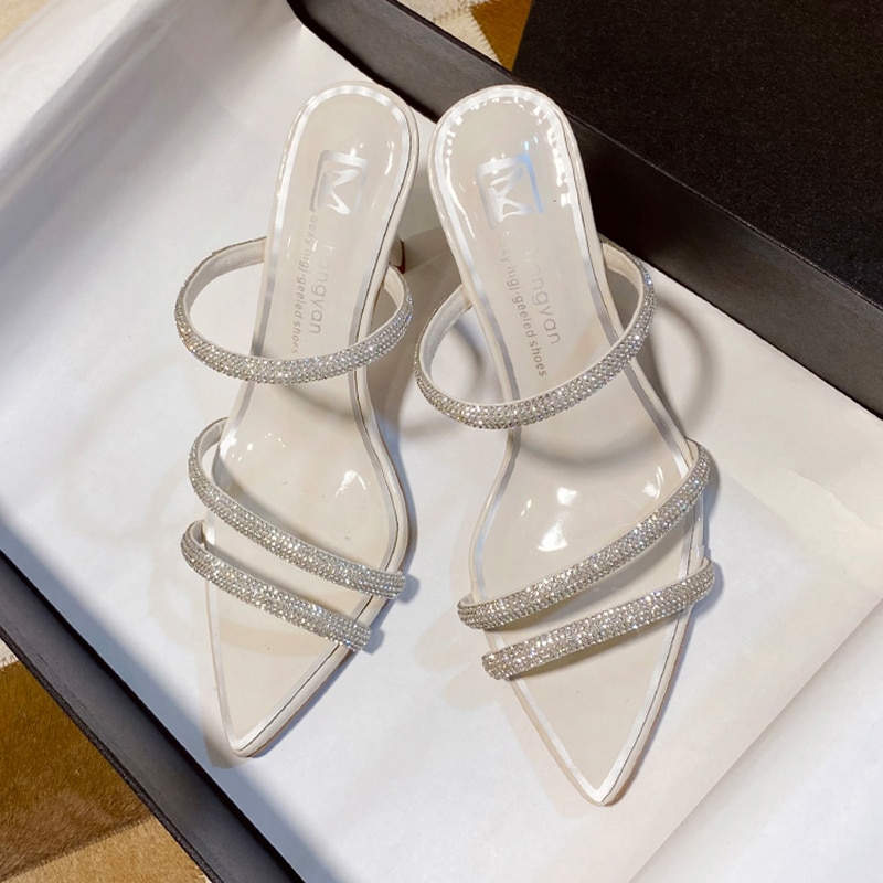 Spiss tynn hæl slip-på sko til kvinner tøfler høy hæl pumper sommer Strand damer lysbilder snu flopper kvinnelige kjole sko: beige / 38