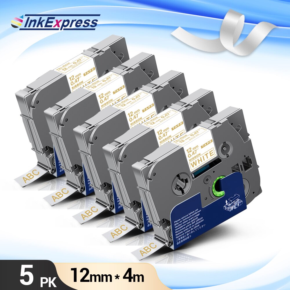 5PK satyna taśma wstążkowa dla brata upiększyć taśma RE34 RN34 R234 RW34 R231 12mm dla brata PT drukarka etykiet PT-H110 PTE100 D600: Gold on White