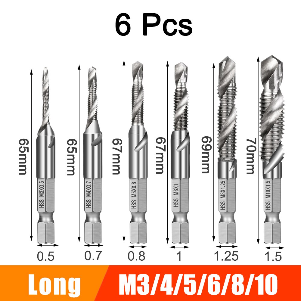 6/7Pcs HSS Screw Thread Metric Tap Drill Bits Set M3-M10 Hex Shank Titanium Plated Compound Screw Tap Drill Bit Set Hand Tools: 6 Pcs Long Silver