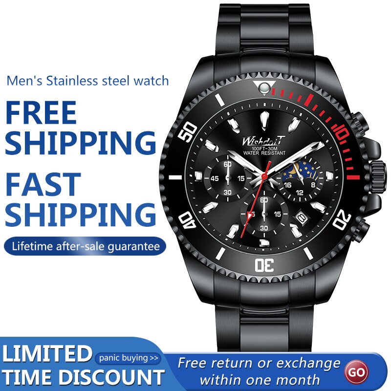 WISHDOIT-nuevos relojes para hombre, lujosos, a la , luminosos, a prueba de agua, cronógrafo, fase lunar, calendario, reloj de cuarzo de acero inoxidable