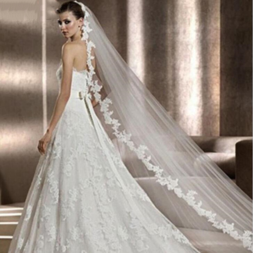Velo De novia blanco marfil largo Mantilla De encaje velos nupciales para Catedral accesorios De boda Veu De Noiva