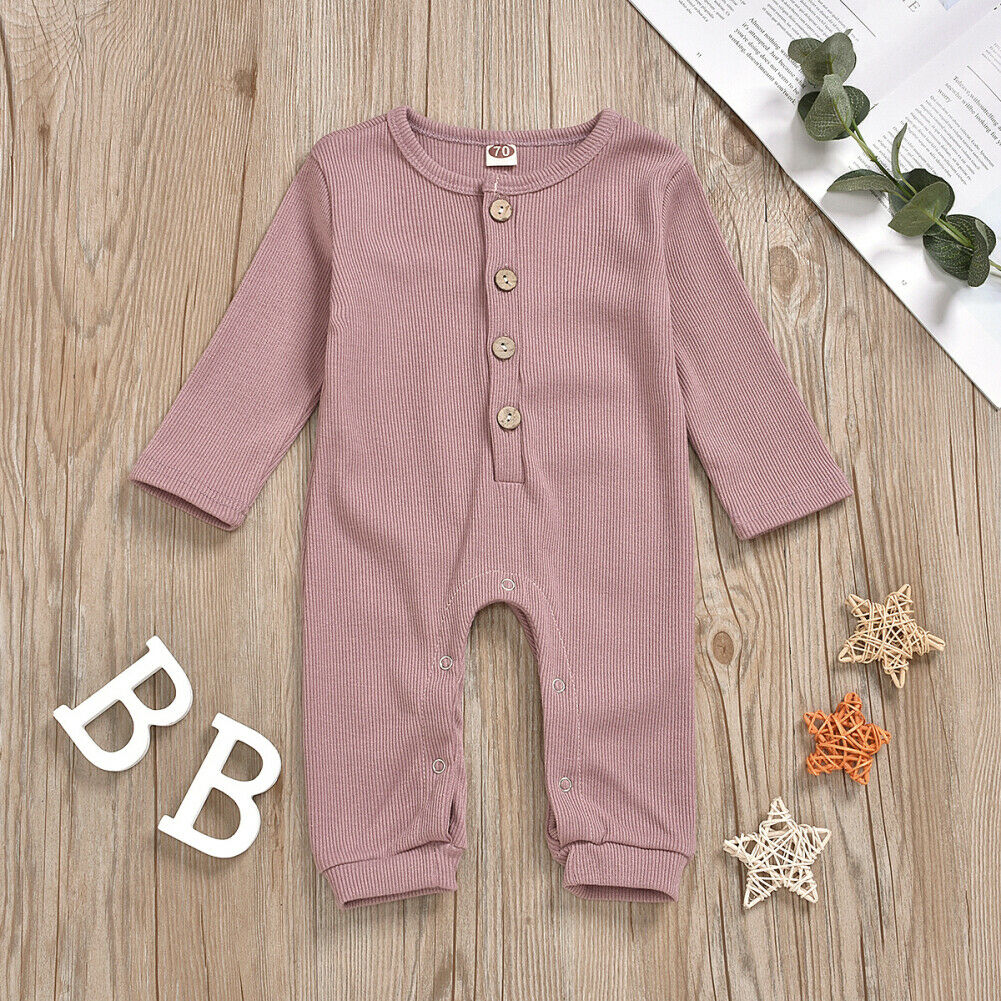 Infant Baby Girl Boy Romper Clothes Solid Button Long Sleeve Knitted Romper Jumpsuit Overall Outfits: Pink / 6M