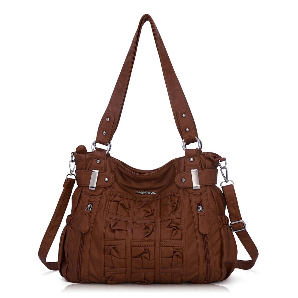 Angel Barcelo femmes sacs à main PU sac à bandoulière plissé sac à bandoulière doux dames cartables grande capacité portefeuille: brown