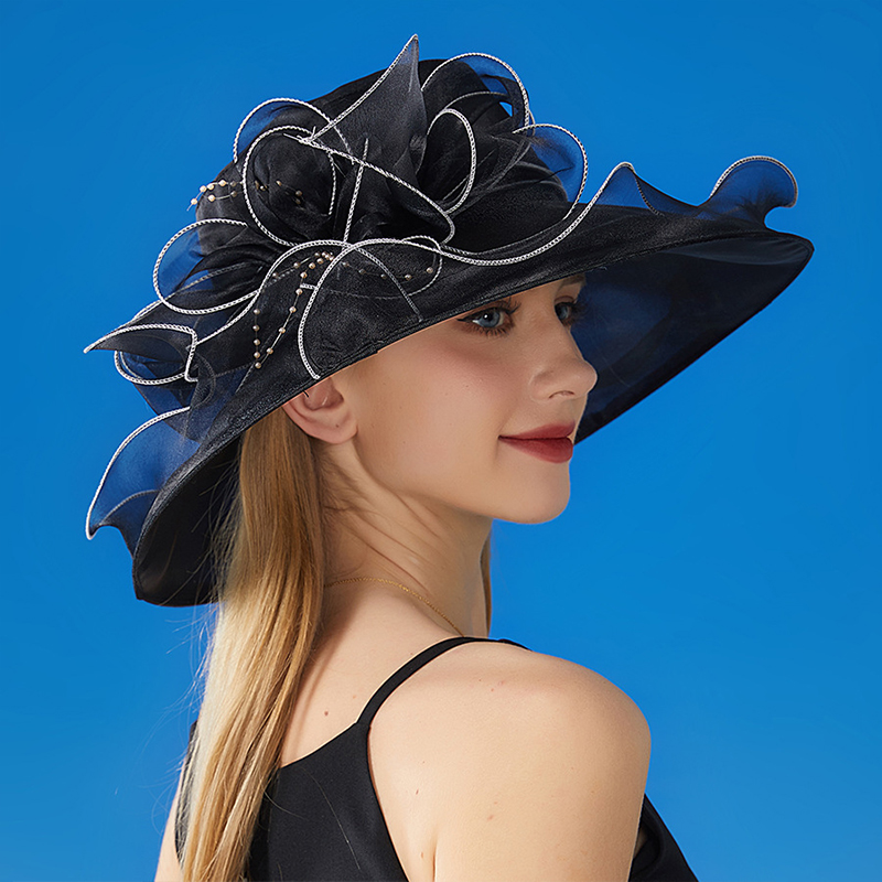 Chapéu de aba larga de organza vintage para mulheres novo vestido de igreja chapéu de casamento de noiva malha floral chapéu de sol festa praia bonés: Preto