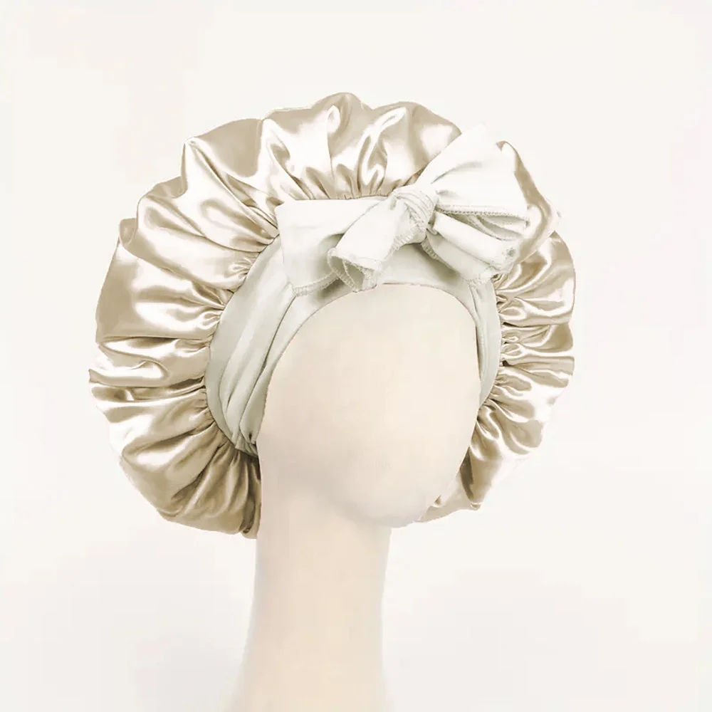 Gorro de satén Gorro de seda Bonne ajustable para dormir Gorro para el pelo con banda para atar Gorros para mujeres y hombres: Beige