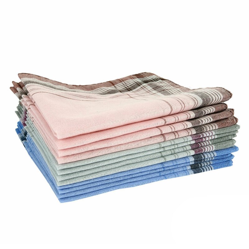 12pcs Gentlemens Suit Handkerchiefs Mens Pure Cotton Hand Towel Blend Plaid Hankies Square Multicolor Stripe Chest Towel