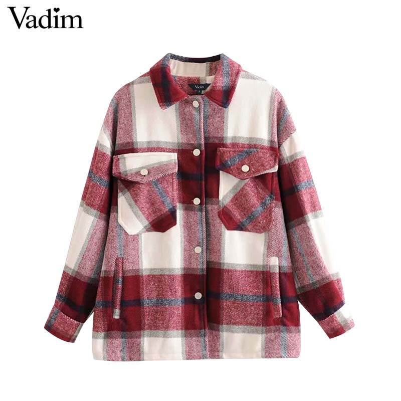 Vadim women oversized plaid jacket long sleeve pockets loose style coats female office wear casual basic tops CA624