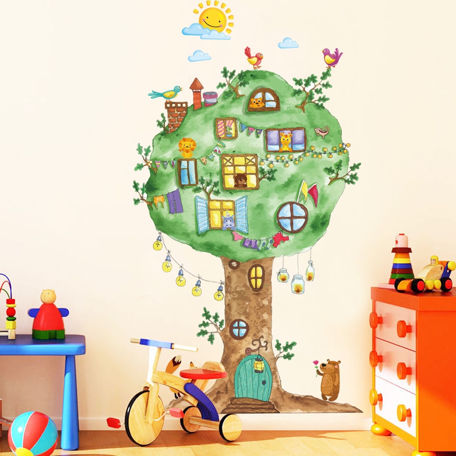65*120Cm Cartoon Boom Huis Vinyl Muurstickers Voor Kinderkamer Kleuterschool Babykamer Wanddecoratie Home Decor art Decals Muurschildering