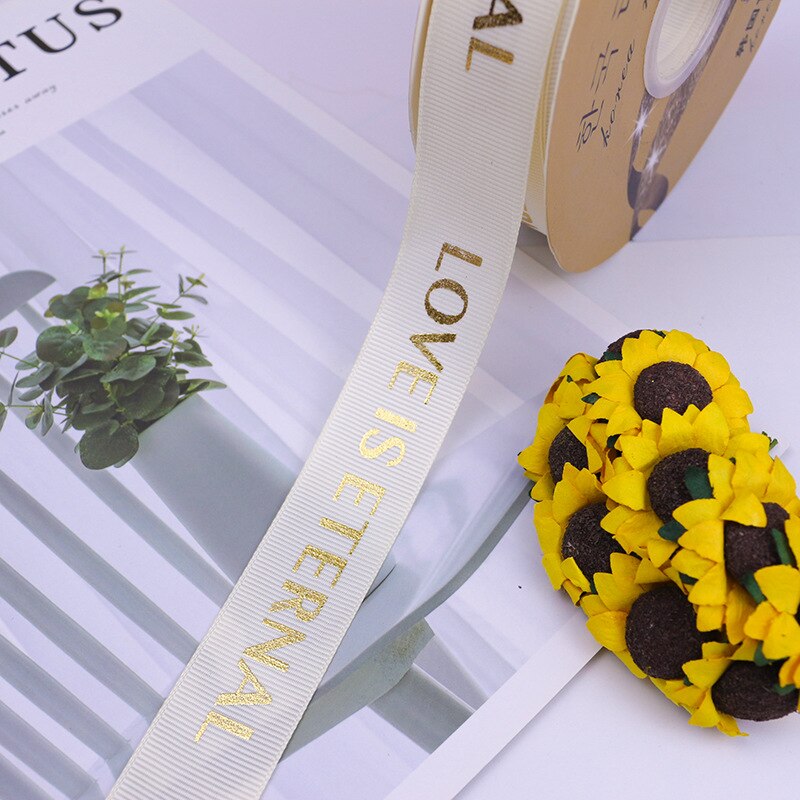 25mm 5Yards Ribbon Bronzing English Letters Printed Ribbons Floral Happy Birthday Packaging DIY Tie Handmade Material: 08