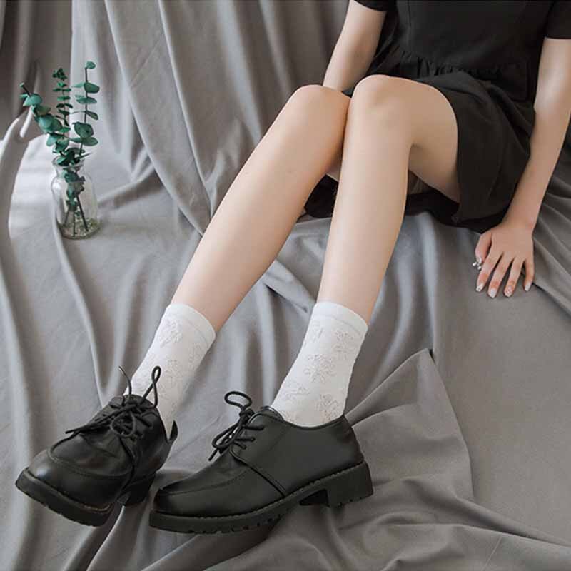 Lolita – chaussettes blanches en dentelle pour femmes, en coton, avec nœud en cœur, style JK