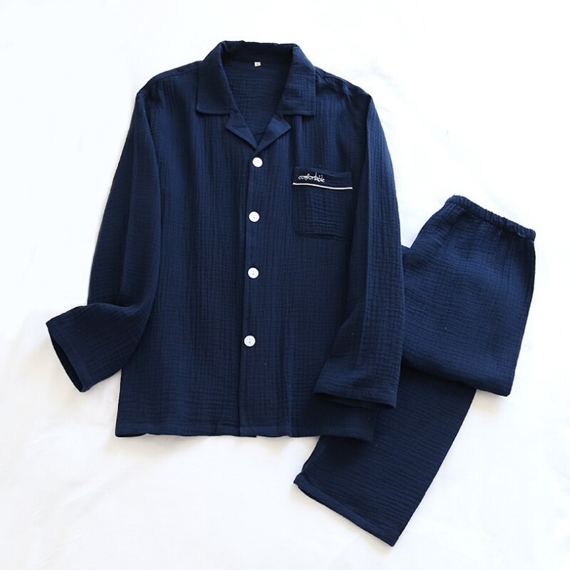 Pyjama en gaze et crêpe pour homme, vêtement de nuit en coton, couleur unie, taille élastique, grande taille, collection automne et hiver