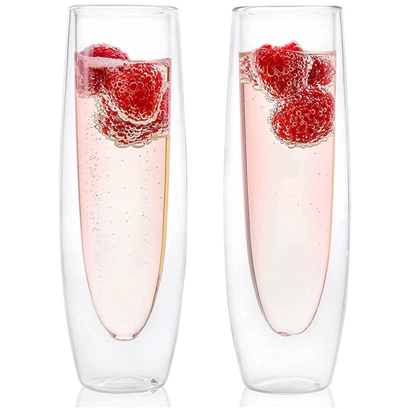 2/6 Stuks 150Ml Champagne Glazen Set Double Wall Cup Stemless Mousserende Wijn Bril Transparant Wijn Fluit voor Bruiloft
