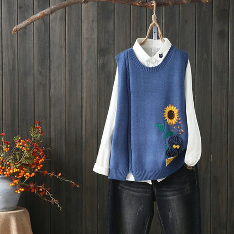 Chaleco con estampado de girasoles y bordado literario para chicas, jerséis tejidos para mujeres, Tops sin mangas, chalecos, jerséis con cuello ovalado informal