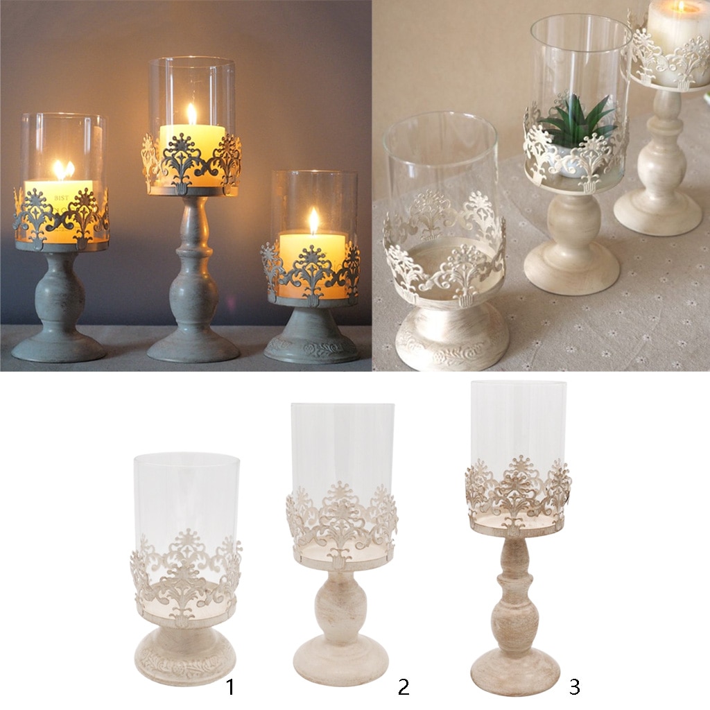 3pcs/set Decorative Pillar Holder Candle Tea Light Canderholders with Glass Dome, Table Desktop Centerpieces
