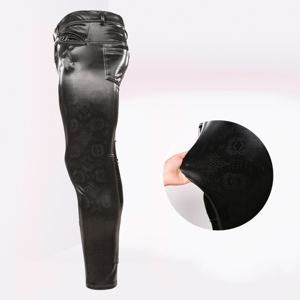 Pu imiteret læder punk pencil pants elastiske stramme bukser læderbukser mænd motorcykel konveks gaffel legging printet mønster skinny