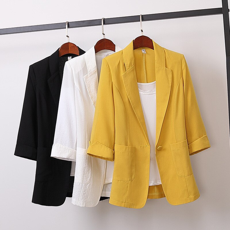 Blazer Long en coton et lin pour femme, manteau blanc, noir, jaune, petit costume, 3XL, 4XL, automne grande taille, C6488, décontracté