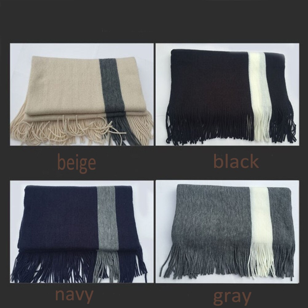 Men Scarves Winter Wool Scarf Striped 200Cm Long Scarves Wrap Knit Shawl Beige Striped Tassels Scarves