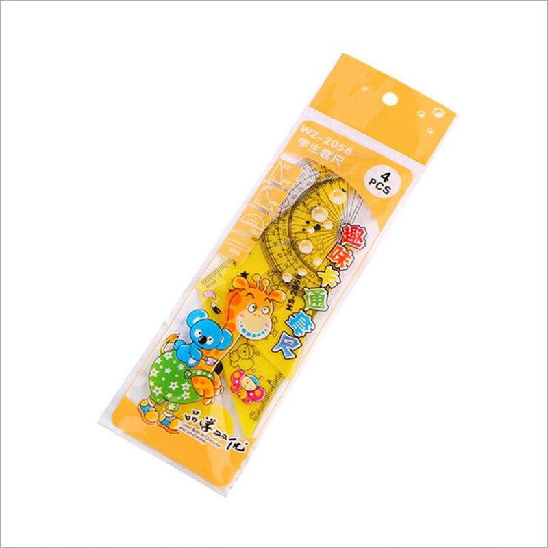 Three color optional math drawing set cartoon set ruler student four-piece giraffe drawing ruler learning stationery
