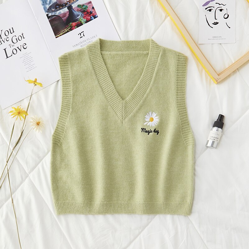 Jesienno-zimowa sweter kamizelka damska dekolt w serek dziergane litery z kwiatowym nadrukiem kamizelka damska bez rękawów luźne damskie kamizelki dzianinowe swetry: zielony