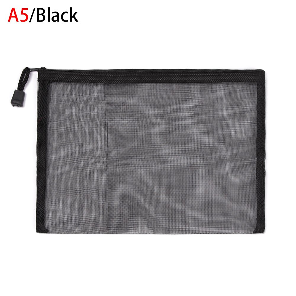 Simple Transparent Zipper Pocket Pencil Case Nylon Mesh Document File Bag Storage Pouch School Office Supplies: A5-black