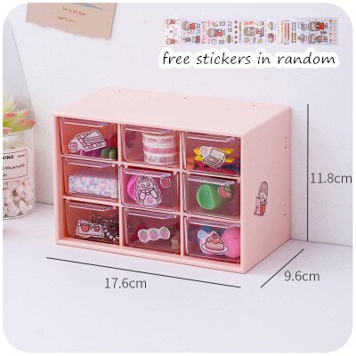 Ph.D Kawaii White/Pink 9 Grid ABS Drawer Desktop Organizer Desk Storage Box Free Sticker School Stationery Accessories: small light pink
