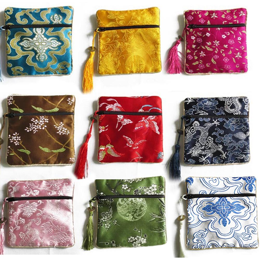 10 Stuks Mix Kleuren Chinese Zipper Coin Tassel Zijde Vierkante Sieraden Bags Zakjes Vintage Kwastje Portemonnee Mooie
