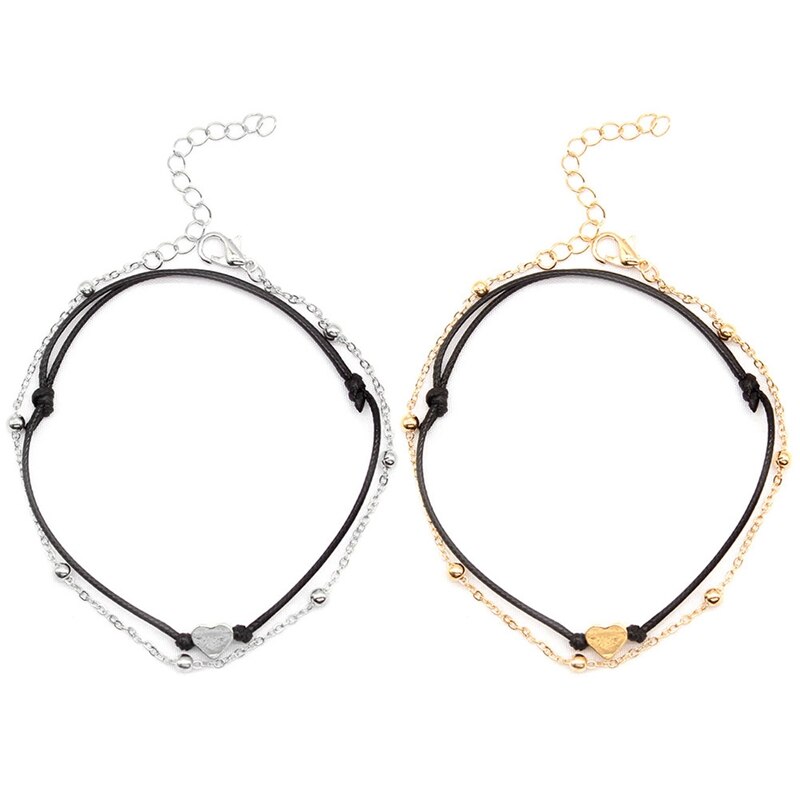 Dames Roestvrij Stalen Dubbele Laag Liefde Lederen Touw Been Chain Enkelband Armband Christmas