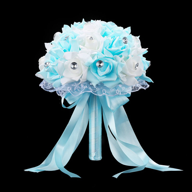 HONGFUYU Braut Strauß für Hochzeit Blau und Weiß Hochzeit Strauß Zubehör Handgemachte Künstliche Blume Rose ramos de novia: Himmel Blau