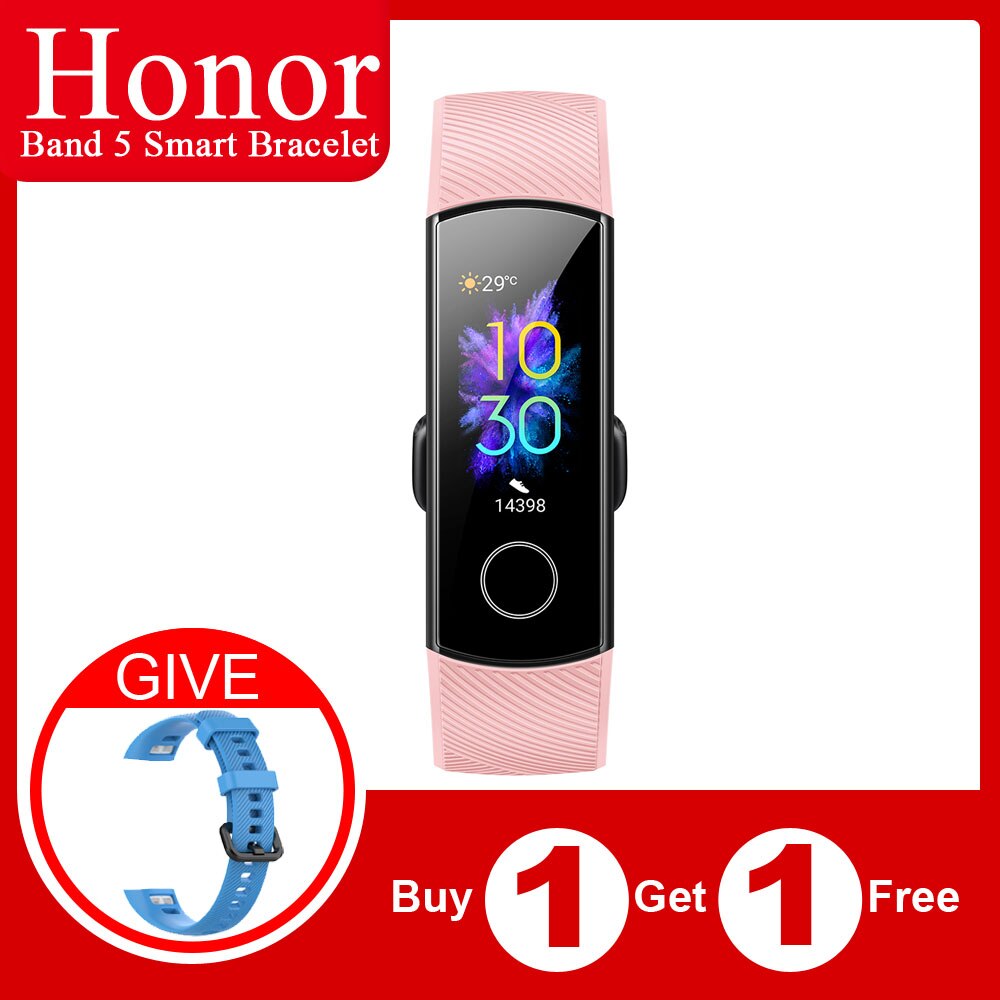 Originele Honor Band 5 Globle Versie Smart Wirstband Fitness Armband Tracker Stappenteller Hartslag Sleep Monitor Waterdichte Band: Pink and Blue