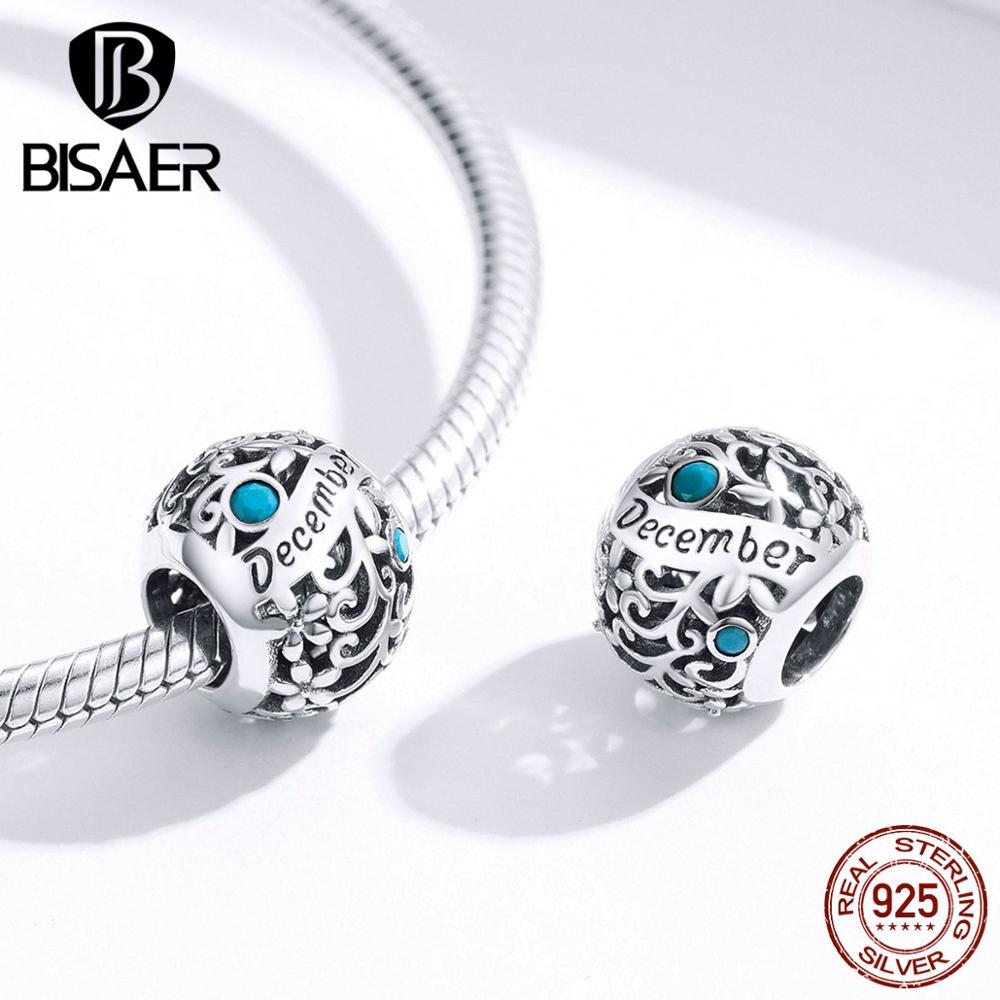 Birthstone Beads BISAER 925 Sterling Silver Birthday Stone Beads Birthstone Charms fit Bracelets DIY Jewelry ECC1385