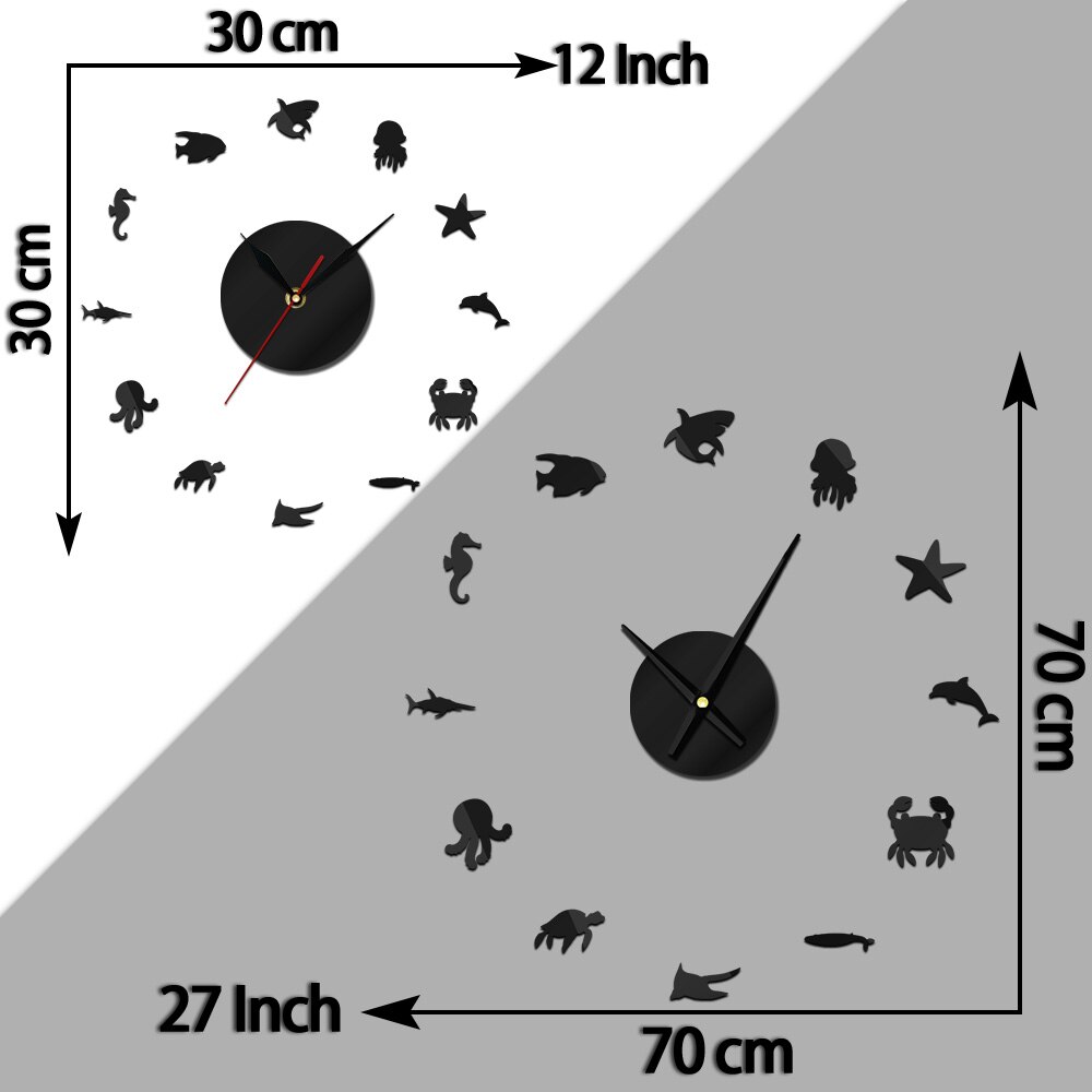 Reloj de pared de animales acuáticos para decoración de habitación de niños, pegatinas de espejo acrílico 3D DIY, mecanismo de cuarzo, vida marina, dormitorio