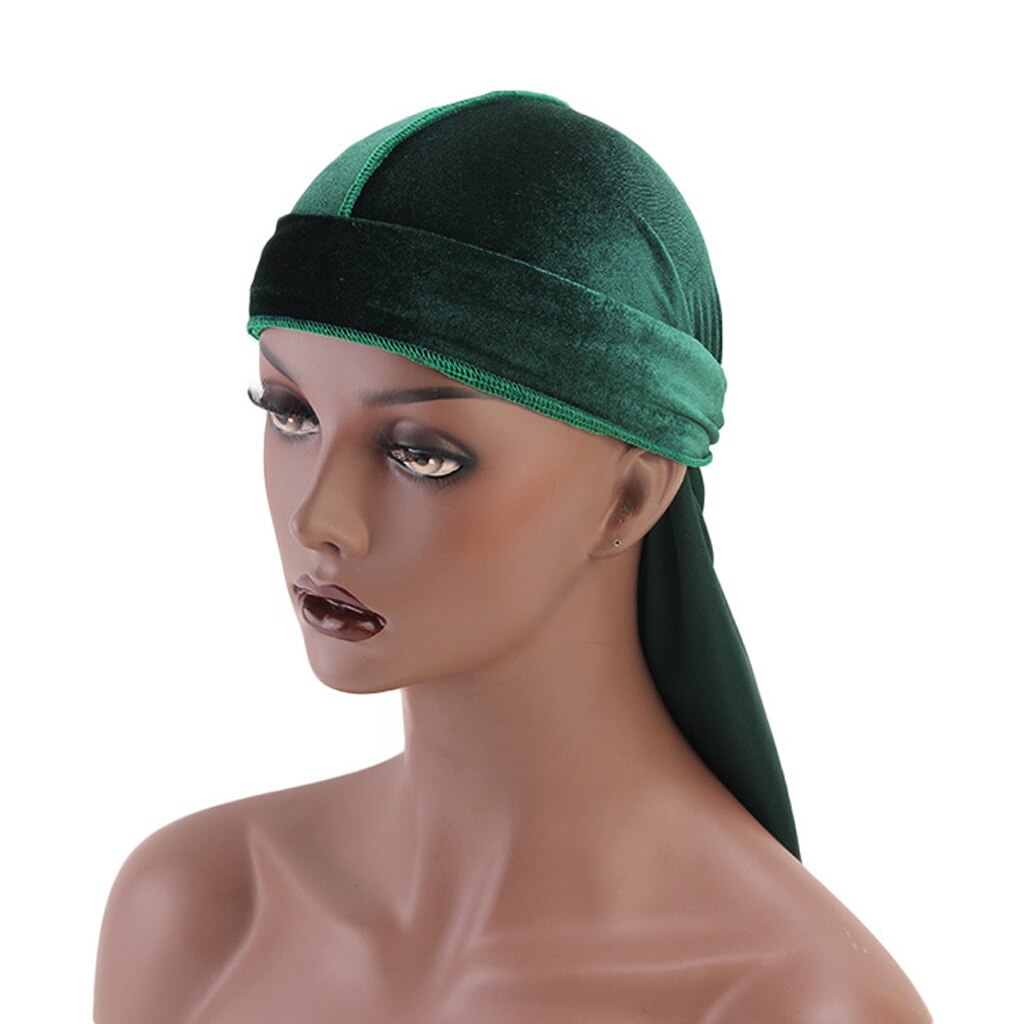 Women Men Long Tail Plain Velvet Bandana Turban Hat Durag Headwear Pirate Cap Head Wraps: Green