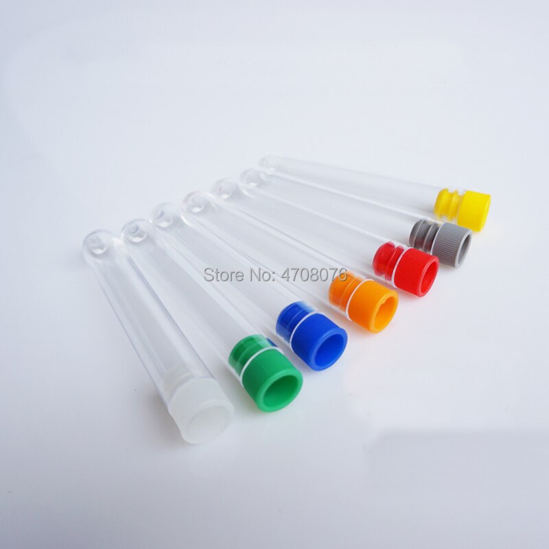 Tubo de ensayo de plástico con tapa de color, material PS para laboratorio, fondo redondo transparente, 12x60mm, 100 unids/lote