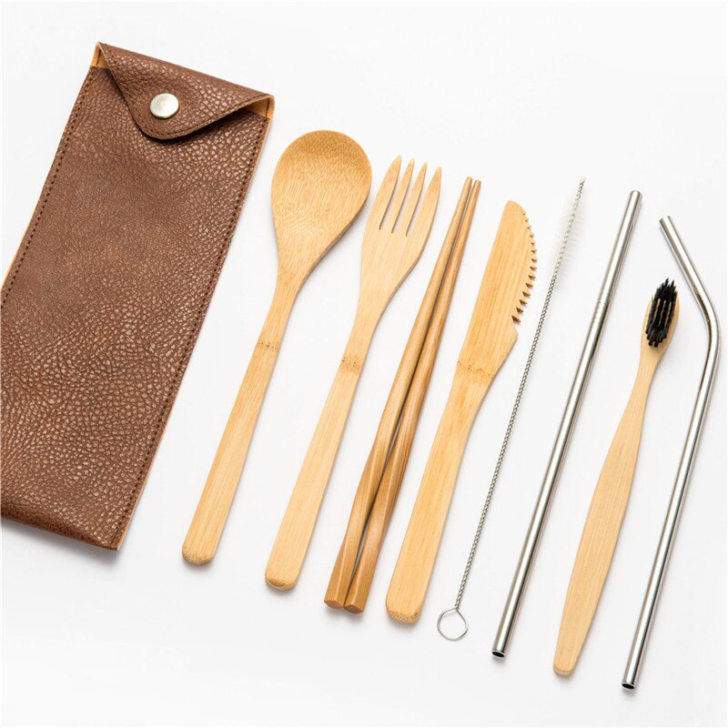 Resebestick set utomhus bambu servis set bestick trä bestick redskap kök inkluderar kniv gaffel sked set för picknick: 10 st 07