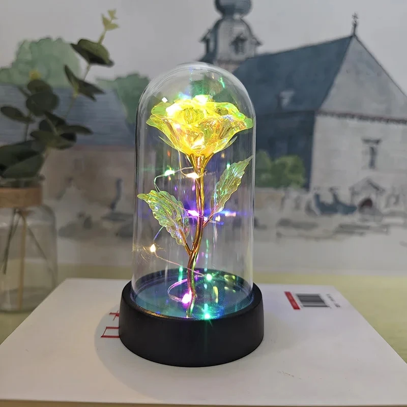 Flores de rosas artificiales, del Día de San Valentín para novia, rosa eterna, flor de lámina de luz LED, decoración de boda, de navidad: YELLOW