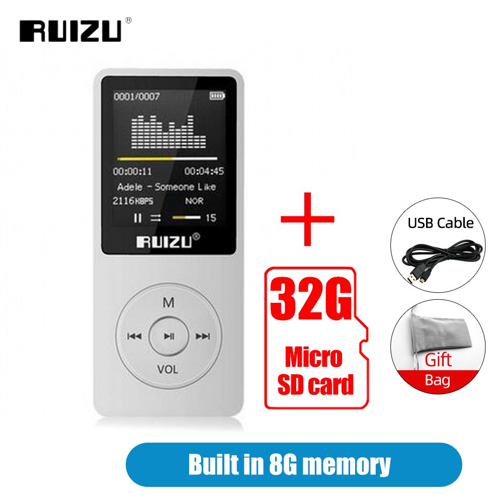 Ruizu X02 MP3 Player 8GB Portable Music Walkman Ultrathin Lossless Sound Music Media MP3 Players With FM Radio E-book Recording: White Add 32G Card