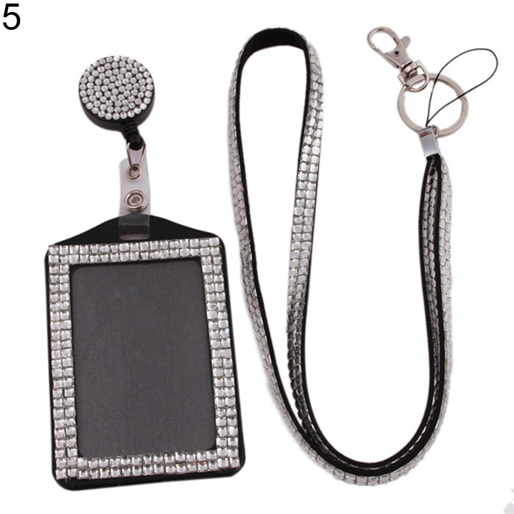 Retractable ID Badge Neck Lanyard Rhinestone Case Name Tag Card Holder Cover: Silver