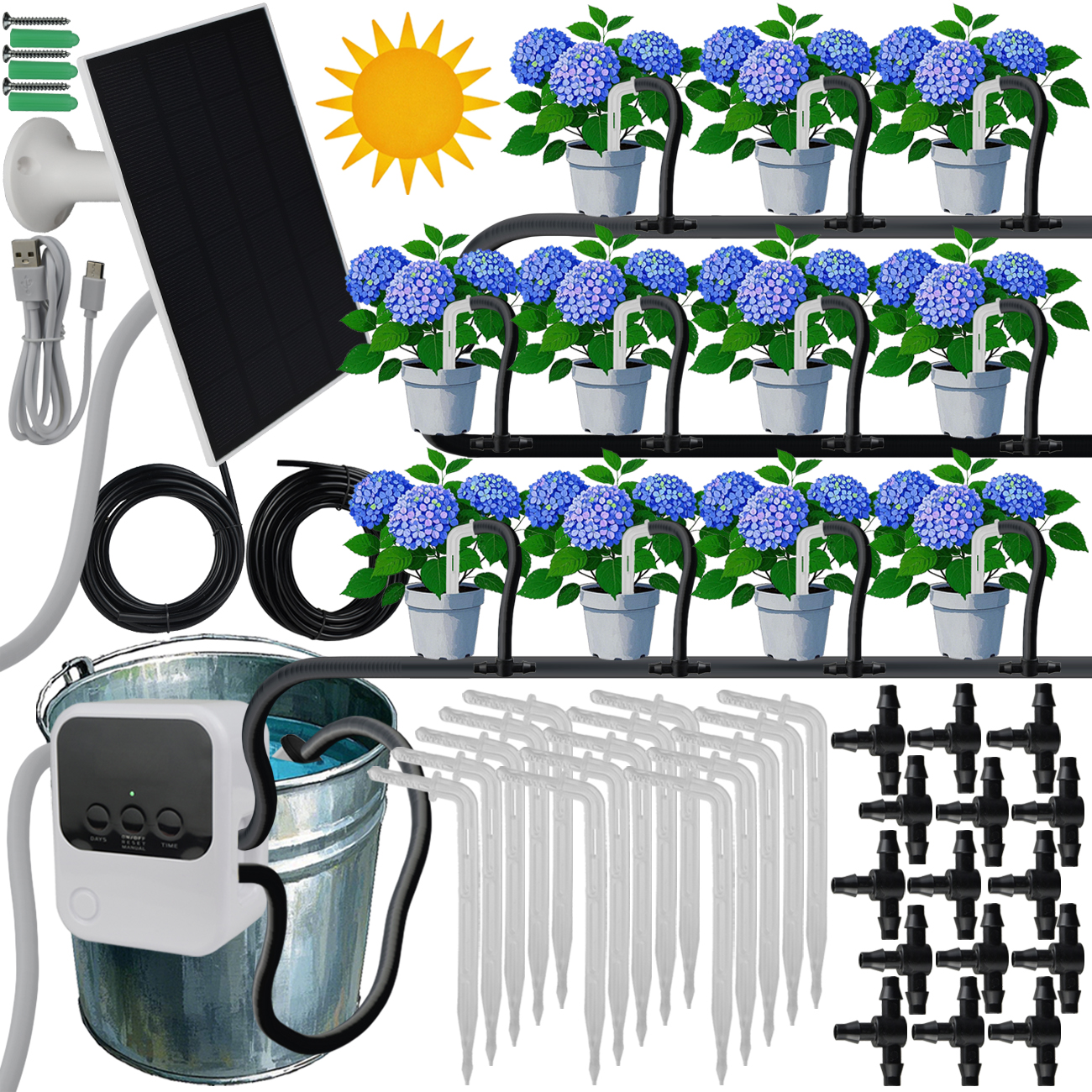 Garden Solar Timer Automatic Drip Irrigation Kit Solar Powered for Balcony Potted Plants Watering System DIY Dropper Fittings: WHITE