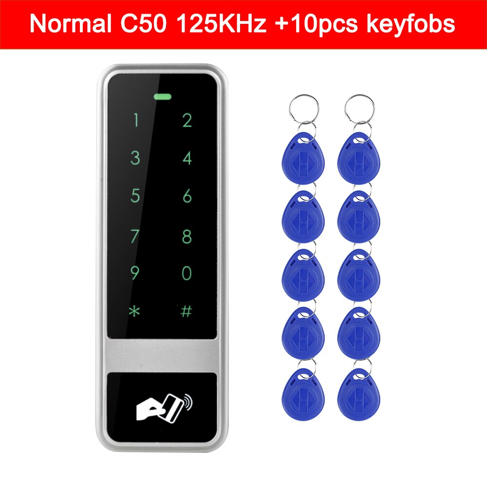 Vandtæt metal rfid 125 khz  or 13.56 mhz adgangskontroltastatur med berøringsskærmpanel til sikkerhed adgangskontrolsystem  +10 nøgle: C50 id 10- tast
