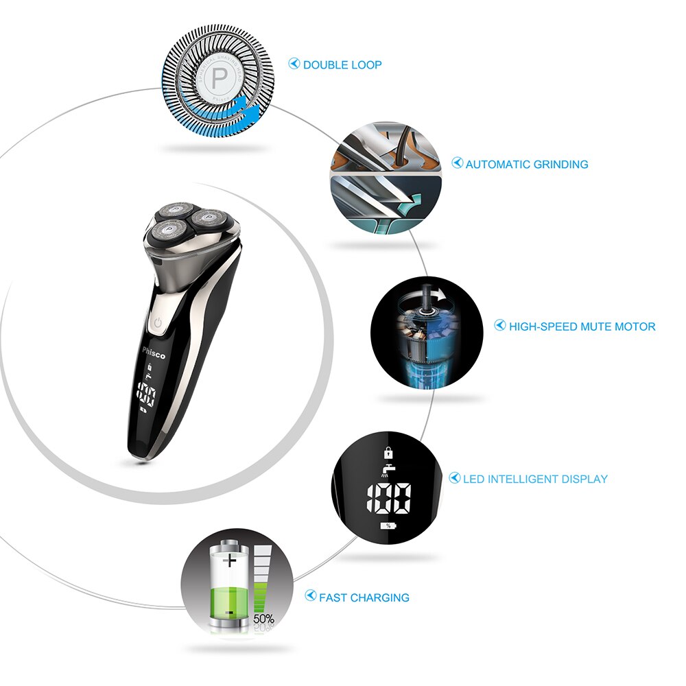 Phisco – rasoir électrique pour hommes, Rechargeable, sec, étanche, USB, rotatif, soins du visage