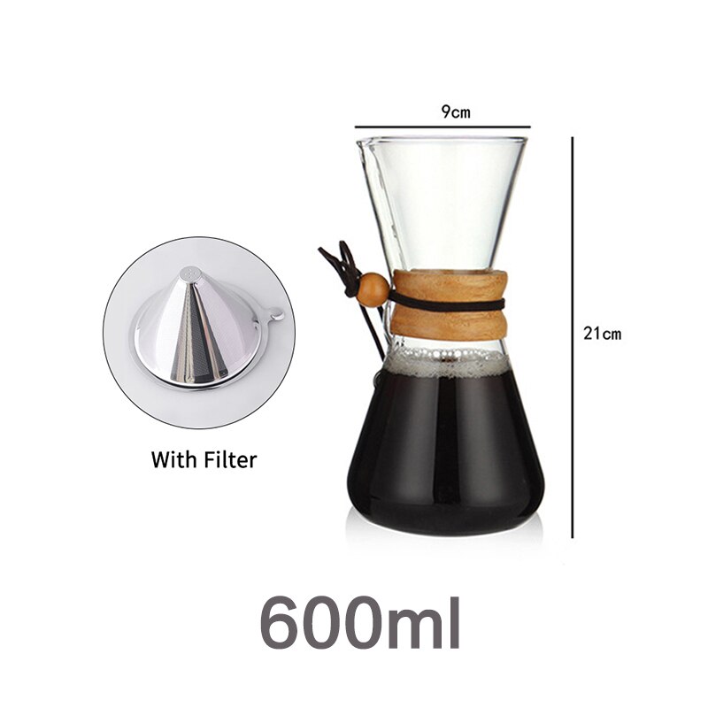400ml 600ml 800ml Espresso Coffe Machine tea water Pot set Stainless Steel Filter Pot Resistant Glass Maker Coffee Pot: 600ml with filter