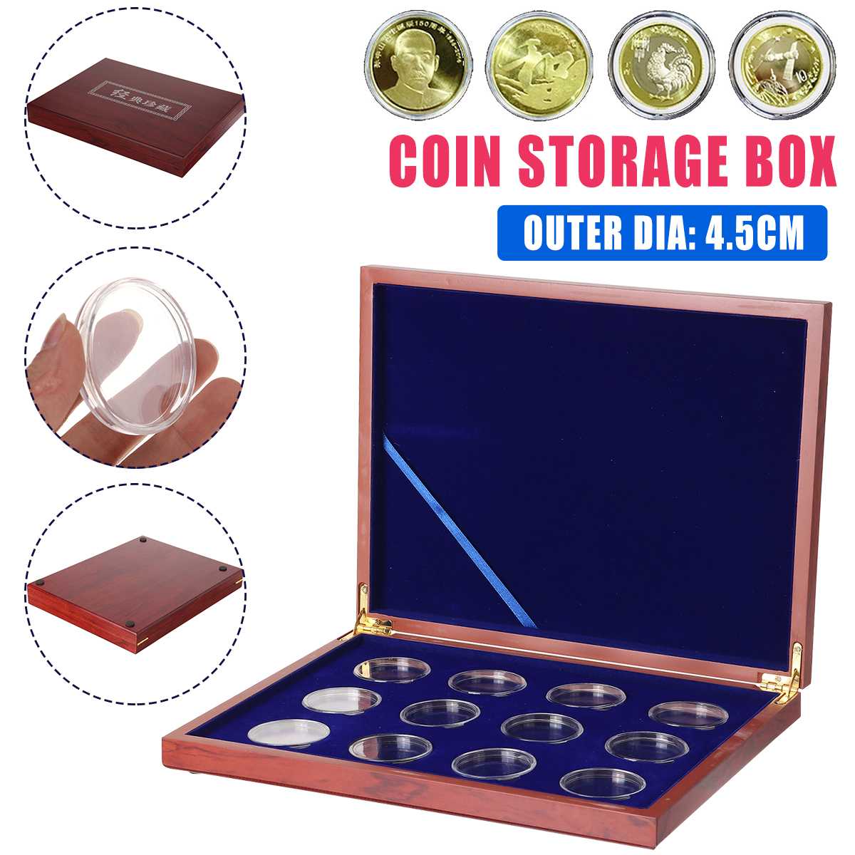 12pcs Zodiac Signs Commemorative Coin Storage Box Adjustable Antioxidative Wooden Commemorative Coin Collection Case Container