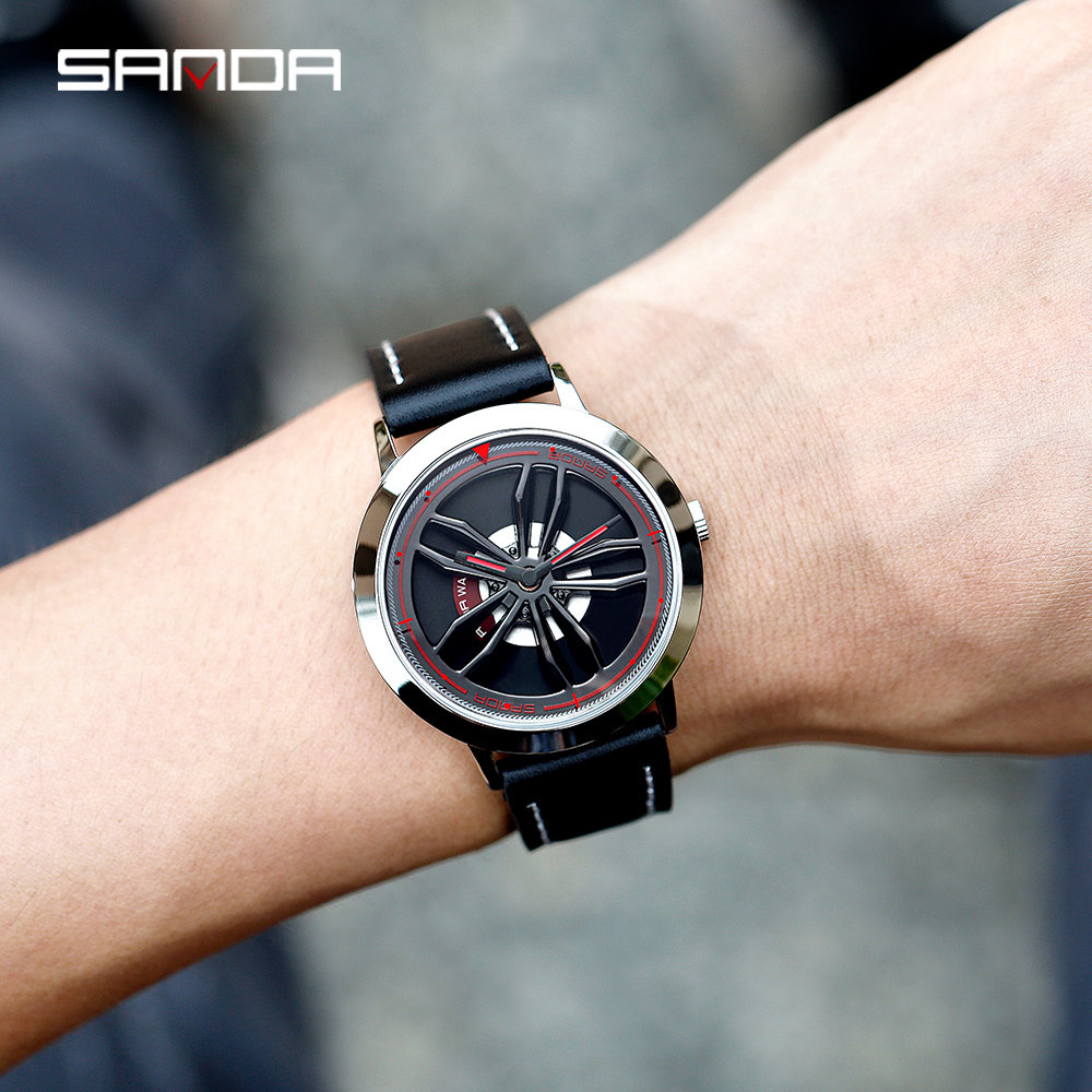 Rotating Wheel Dial Men Watches Car Rim Sports Quartz Watches Waterproof Leather Band Watches Relogio Masculino