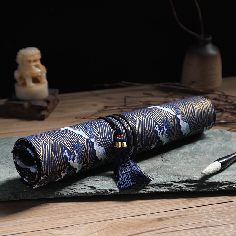 1 pc Der Antike Chinesische Stil Künstler Pinsel Tasche Wrap 10 Löcher Baumwolle Charateristic Muster Quaste Anhänger L S größen: Small Cyan Wave