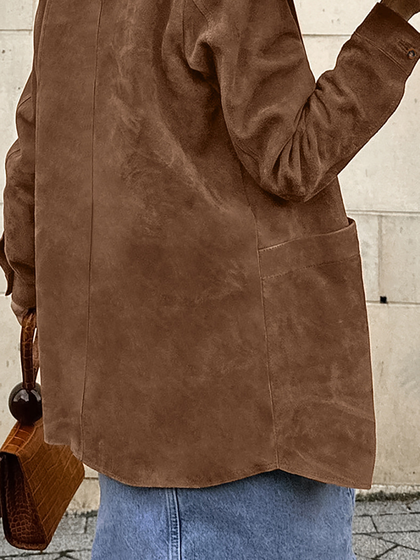 Giacca Casual in pelle scamosciata con tasca con risvolto marrone donna 2024 cappotto a maniche lunghe con bottone singolo moda donna autunno Street Outwear