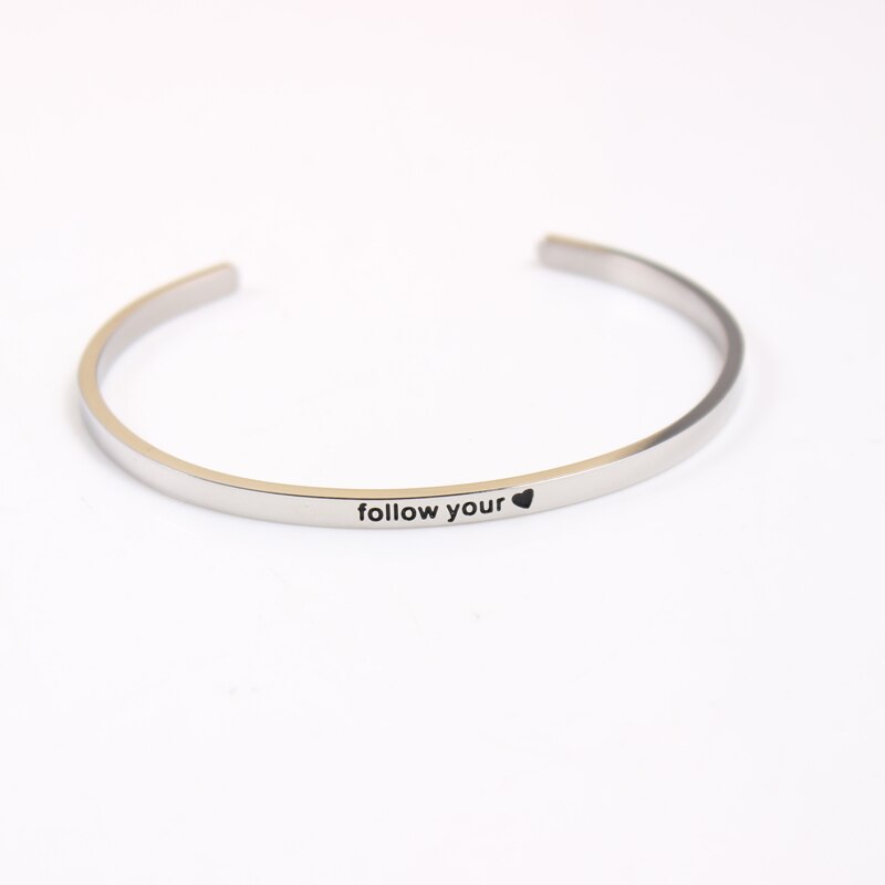 Stainless Steel Bar Engraved Positive Inspirational Quote Cuff Bangle Mantra Bracelet for Women Best Christmas: follow your heart