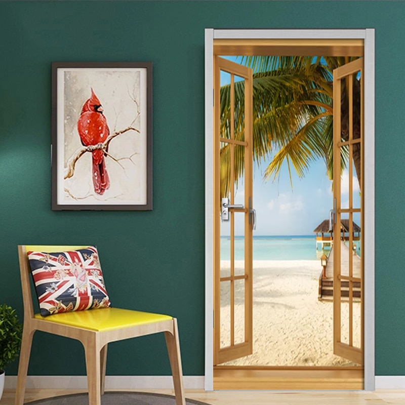 2 stks/set 3D Beach view van de seaStickers Deur Muur Sticker DIY Mural Voor Room Home Decor Poster PVC Waterdicht deur Sticker
