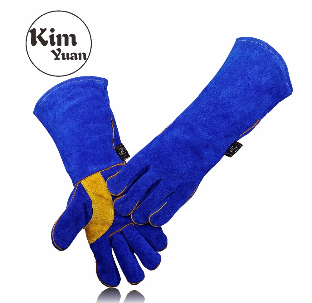 Kim Yuan 005/6/9/11L Lederen Lashandschoenen-Warmte/Brandwerende, voor Lasser/Oven/Haard/Dier Handling/Bbq-Blauw 14 & 16in
